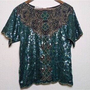 Vintage Blue Green Sequin Silk Top Size Medium Party Y2K Formal Beaded Gatsby